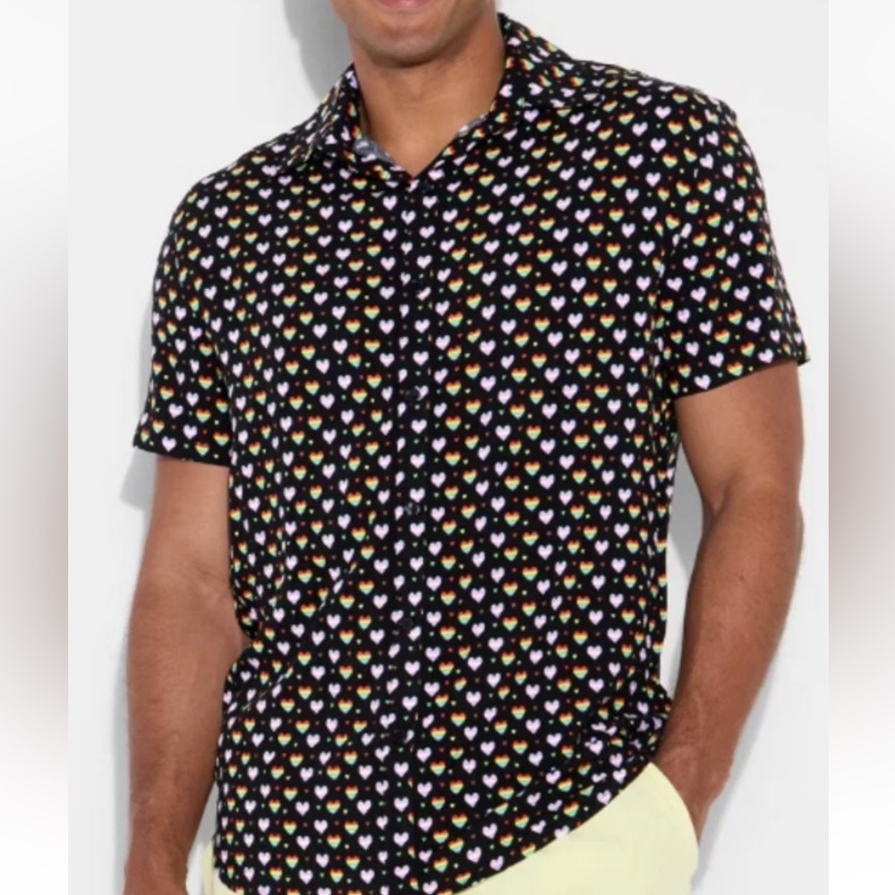 NEW PHLUID‎ Project Men's Pride Rainbow Hearts Button Up Shirt Size XL